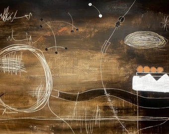 Gran pintura abstracta marrón sobre lienzo, 55 x 38 pulgadas