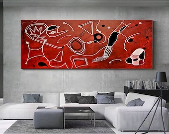 Large Red Abstract Oil Painting on Canvas (60x28 in)