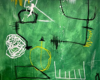 May include: An abstract painting on a green background featuring various hand-drawn elements including white scribbles, black geometric lines, yellow circular and jagged shapes, and white paint splatters arranged across the canvas surface.