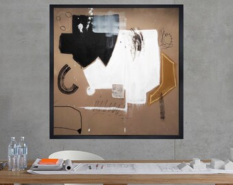 Gran pintura abstracta: arte marrón, blanco y negro sobre lienzo (91 x 91 cm)