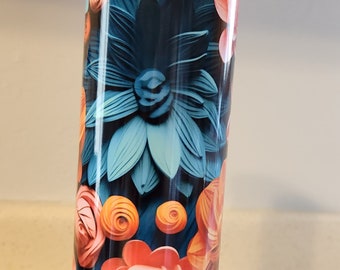 20oz 3D floral straight skinny stainless steel tumbler with plastic lid and straw