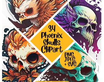 34 Phoenix Skulls Clipart sticker design PNG creepy cute phoenix watercolor clipart bundle digital download commercial use phoenix clipart