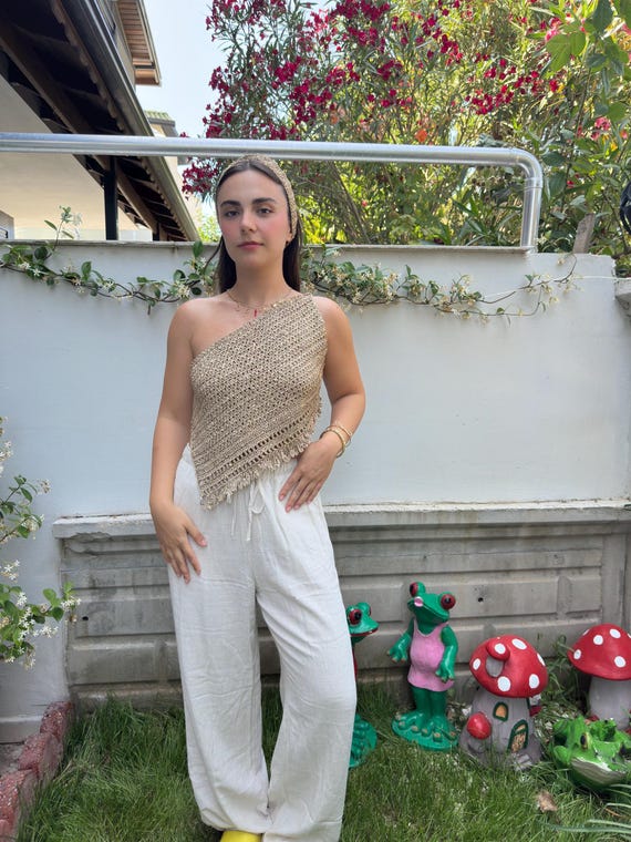 Handmade Crochet One Shoulder Top – Gold Knit Summer Blouse