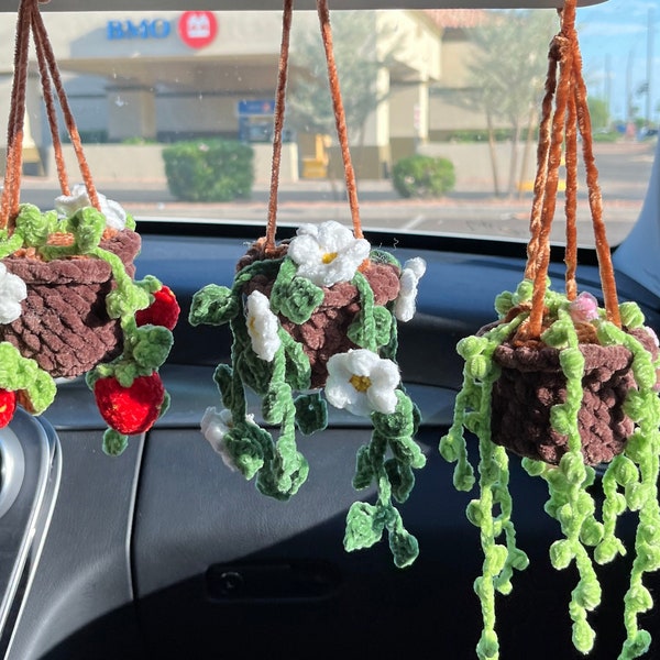 Set of 3 PATTERN, Strawberry, Daisy, Flower Basket, Car Plants Crochet Patterns, Crochet Hanging Plants Pattern, Car Decor, Car Accessories