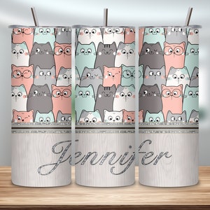 Cat Tumbler Wrap, 20 oz Skinny Tumbler, Cute Cat Tumbler Sublimation Design, Cat Lover Tumbler PNG, Add Your Own Text/Name, Digital Download