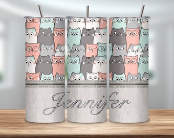 Cat Tumbler Wrap, 20 oz Skinny Tumbler, Cute Cat Tumbler Sublimation Design, Cat Lover Tumbler PNG, Add Your Own Text/Name, Digital Download