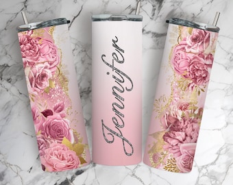 Add Name Tumbler 20 oz Skinny Tumbler Pink Flower Glitter Tumbler, Custom Text Sublimation Design, Add Your Own Text, PNG Digital Download
