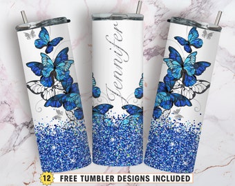 Blue Butterfly Tumbler Wrap, 20 oz Skinny Tumbler, Butterfly Tumbler Sublimation Design, Blue Glitter Tumbler PNG, Digital Download