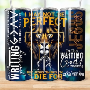 May include: A set of three stainless steel insulated tumblers with lids and straws. Each tumbler features a unique design with religious themes and text. One tumbler has a lion and cross design, another has the text "God is greater than the highs and lows", and the third has the text "Jesus is King".