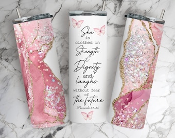Bible Verse Tumbler Wrap, 20 oz Skinny Tumbler Sublimation Design, She Is Clothed Proverbs 31:25, Christian Religious Tumbler Wrap PNG