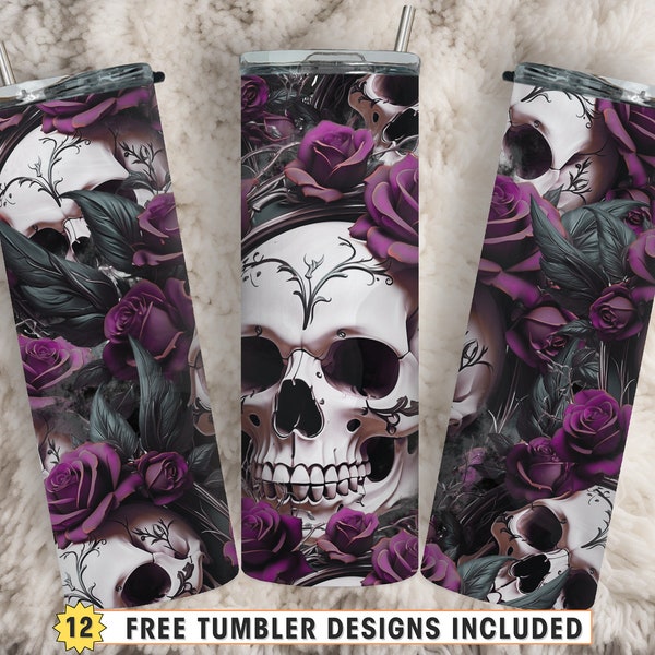 Skull and Roses Tumbler Wrap, 20 oz Skinny Tumbler, Purple Floral Sublimation Design, Skull Tumbler PNG