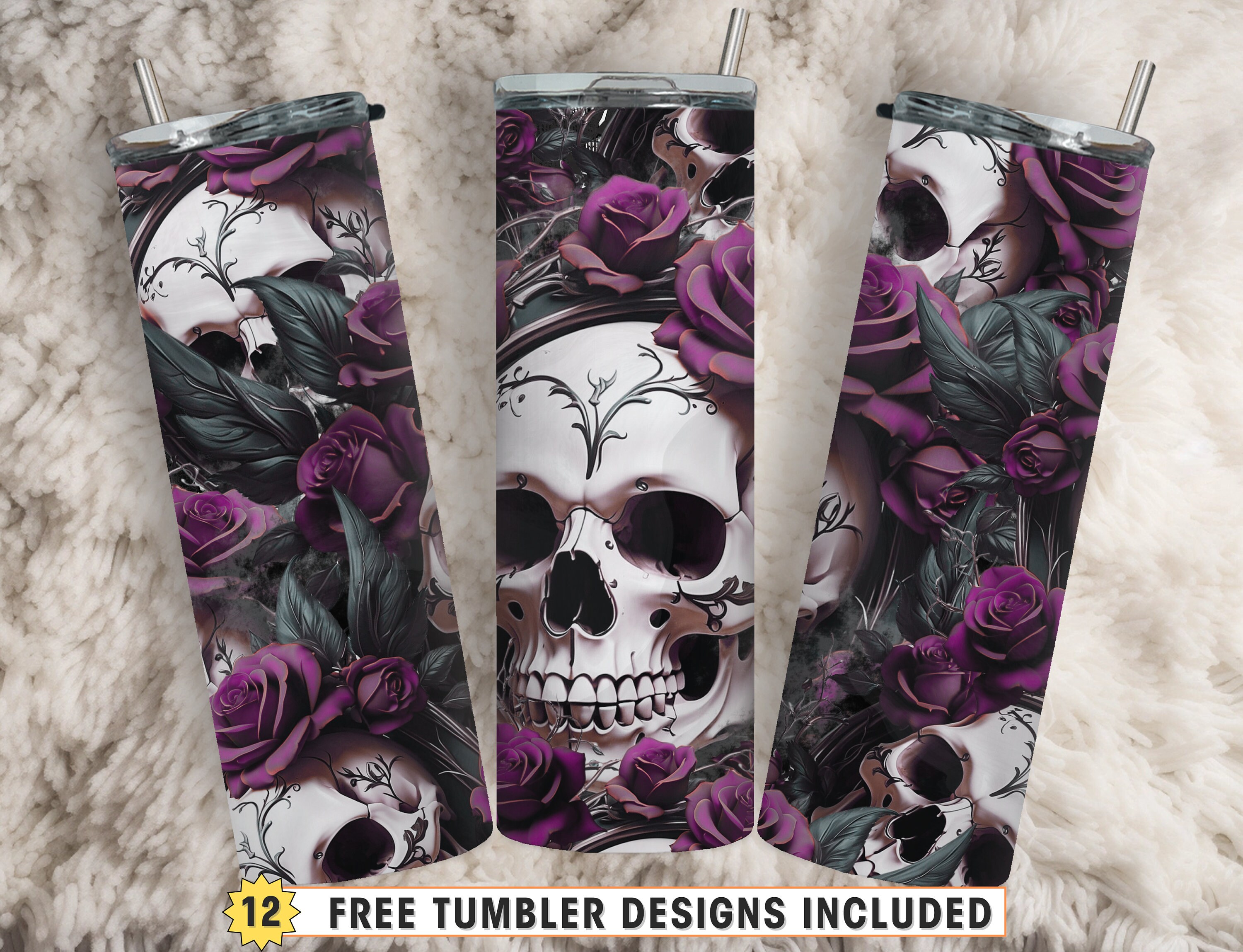 Skull and Roses Tumbler Wrap, 20 oz Skinny Tumbler, Purple Floral Sublimation Design, Skull Tumbler PNG