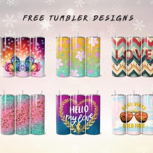 Pu&ograve; includere: Set di 10 design gratuiti per bicchieri con vari motivi e testi. I design includono farfalle, glitter, cuori e le parole "Love", "Hello My Love" e "Good Vibes Gold Time".
