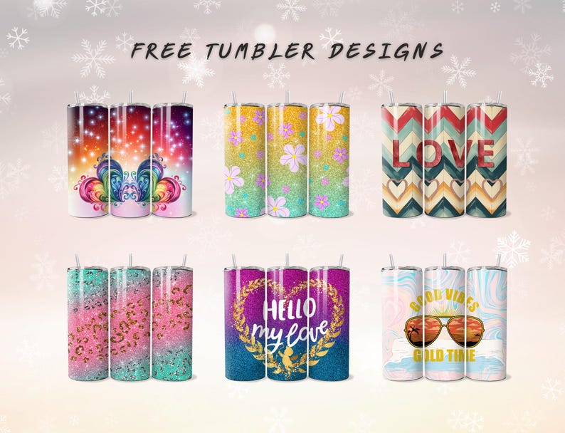 Pu&ograve; includere: Set di 10 design gratuiti per bicchieri con vari motivi e testi. I design includono farfalle, glitter, cuori e le parole "Love", "Hello My Love" e "Good Vibes Gold Time".