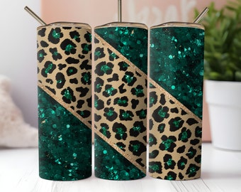 Green Glitter Leopard Tumbler Wrap, 20 oz Skinny Tumbler Sublimation Design, Leopard Print Tumbler PNG Digital Download