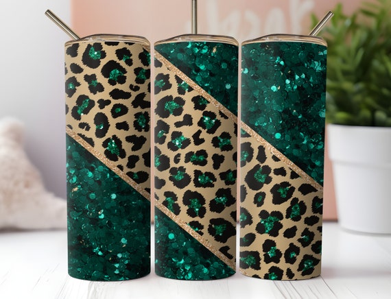 Green Glitter Leopard Tumbler Wrap, 20 oz Skinny Tumbler Sublimation Design, Leopard Print Tumbler PNG Digital Download