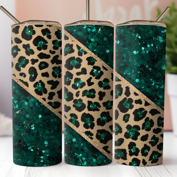 Green Glitter Leopard Tumbler Wrap, 20 oz Skinny Tumbler Sublimation Design, Leopard Print Tumbler PNG Digital Download