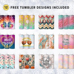 Pu&ograve; includere: Dodici diversi design per bicchieri da sublimazione. I design includono una variet&agrave; di motivi e testi, come "Hello my love", "Good Vibes", "Love" e "Happy Holidays".