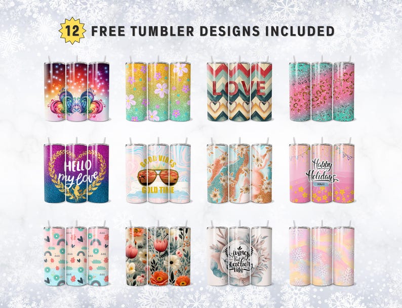 Pu&ograve; includere: Dodici diversi design per bicchieri da sublimazione. I design includono una variet&agrave; di motivi e testi, come "Hello my love", "Good Vibes", "Love" e "Happy Holidays".