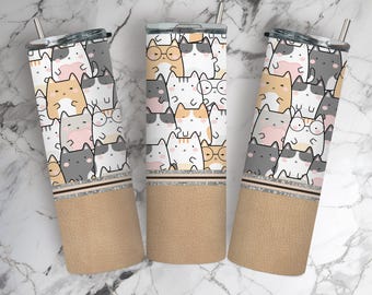 Cute Cats 20 oz Skinny Tumbler Template, Cat Lover Gift, Cat Tumbler Wrap, Funny Cat Sublimation Design, Cat Lover PNG Digital Download