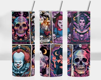 Envoltura de vaso de cartas de tarot de Halloween, vaso flaco de 20 oz, diseño de sublimación de vaso de terror de Halloween, vaso de bruja PNG, descarga digital