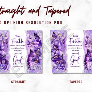 Pu&ograve; includere: Stampa digitale d'arte viola e bianca con una citazione sulla fede. La citazione dice "La tua fede non deve essere nella saggezza degli uomini ma nel potere di Dio 1 Corinzi 2:5". L'arte presenta orchidee viola e farfalle.