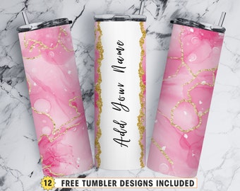 Pink Marmor Becher, fügen Sie Ihren eigenen Text / Namen hinzu Pink Marmor Gold Glitter, 20 Unzen Skinny Tumbler Sublimationsdesign, Pink Becher, PNG Download