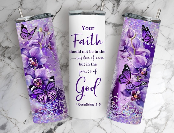 Faith Tumbler Wrap: Christian Bible Verse, Purple Floral (PNG Digital Download)