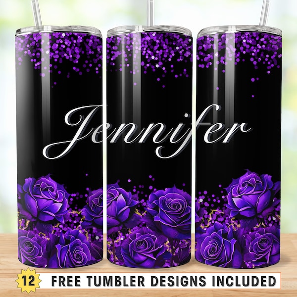Purple Rose Tumbler, 20 oz Flower Tumbler Sublimation Design, Add Your Own Text/Name Purple Glitter Tumbler, PNG Digital Download
