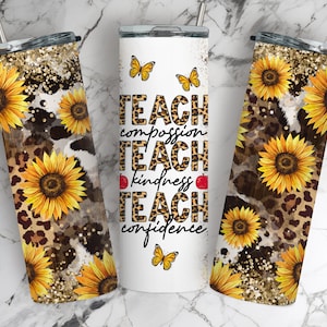 Leraar zonnebloem 20 oz magere beker, Teacher Appreciation Design, luipaardzonnebloem png, leraar beker wrap, beker png