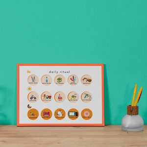 May include: A colourful daily ritual chart with an orange border and white background. The chart has 12 circles with icons representing activities such as brushing teeth, drinking water, getting dressed, hair and skin care, breakfast, riding a bike, playing with toys, building, making a snack, playground, gardening, making music, drawing and colouring, screen time, and a sweet treat.
