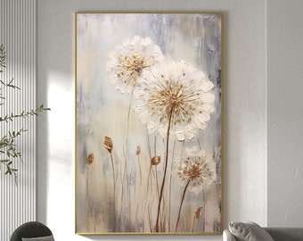 Pintura al óleo de diente de León en flor sobre lienzo, arte de pared grande, arte floral abstracto original pintura personalizada decoración de pared blanca decoración de la sala de estar