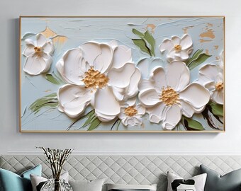 Original Blossom Flower Oil Painting On Canvas, Large Wall Art White Decor Abstract Floral Art Custom Painting Minimalist Living Room Decor