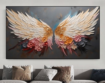 Peinture à l’huile abstraite d’aile d’ange sur toile, grand art mural art original d’aile Boho décor mural minimaliste salon décor à la maison cadeau pour elle