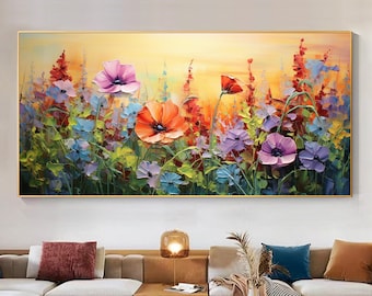 Abstract Flower Landscape Oil Painting On Canvas, Large Wall Art Original Floral Art Nature Painting Minimalist Art Living Room Decor Gift