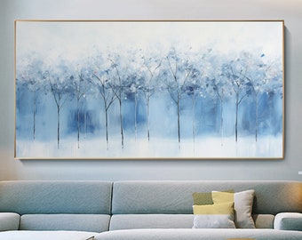 Peinture à l’huile abstraite de paysage forestier sur toile grand art mural, art mural original d’arbre bleu, décor de maison de salon moderne décor de mode