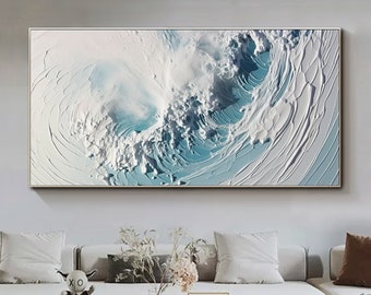 Abstract Ocean Wave Oil Painting On Canvas,Large Wall Art Original Ocean Wave Art Blue Wall Decor Custom Painting Minimalist Living Room Art