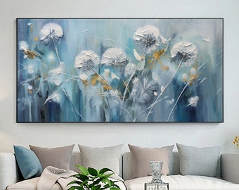 Abstract Dandelion Oil Painting on Canvas, Large Wall Art, Original Minimalist Flower Art Custom Painting Blue Wall Decor Living Room Decor