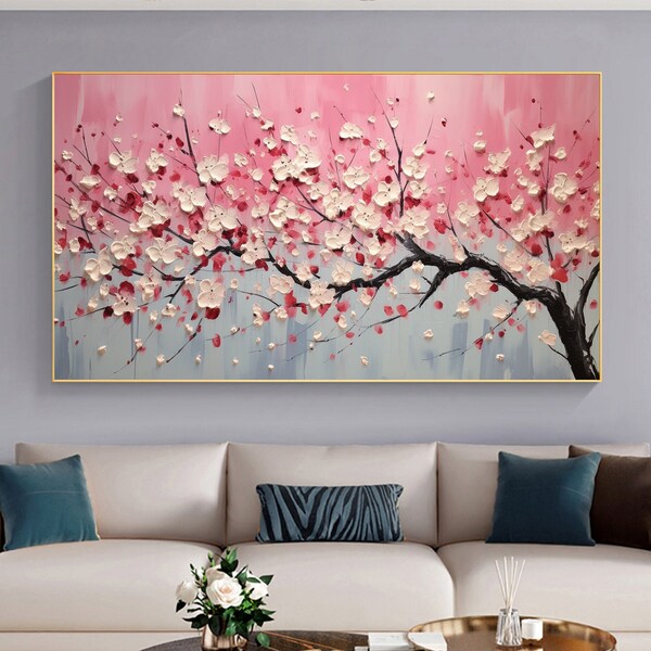 Original Blossom Oil Painting On Canvas, Large Wall Art Custom Painting Abstract Pink Flower Art Minimalist Tree Wall Decor Living Room Art