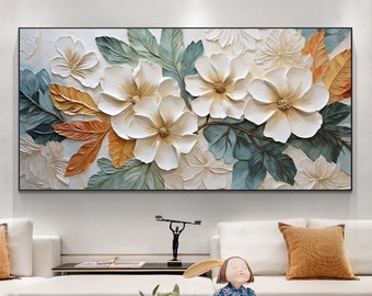 Pintura al óleo de flor blanca original sobre lienzo, arte de pared grande pintura personalizada arte de pared floral abstracto minimalista sala de estar decoración del hogar regalo