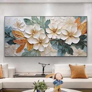 Original White Flower Oil Painting on Canvas, Large Wall Art Custom Painting Abstract Floral Wall Art Minimalist Living Room Home Decor Gift