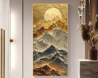 Abstract Golden Mountain Oil Painting On Canvas, Large Wall Art Original Texture Wall Art, Sunset Painting Modern Wall Décor for Bedroom