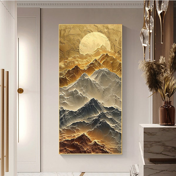 Abstract Golden Mountain Oil Painting On Canvas, Large Wall Art Original Texture Wall Art, Sunset Painting Modern Wall Décor for Bedroom