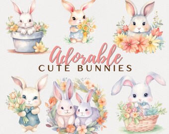 Cute Bunny Floral Watercolor Clipart Bunnies Card Making Adorable Animals Scrapbook Easter Bunny Flower Wreath Craft Commercial Use