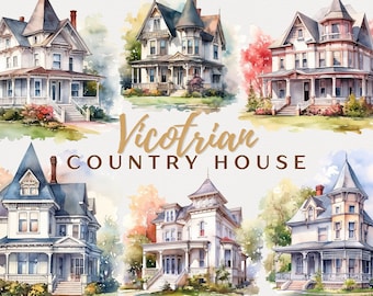 May include: A set of 18 watercolor illustrations of Victorian country houses. Each house is painted in a light blue and white color scheme with intricate details and surrounded by lush greenery. The illustrations are perfect for adding a touch of vintage charm to any project.