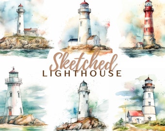 Lighthouse Watercolor Clipart Light House Ocean Scrapbook Art Lighthouse Lover Digital Drawing Beacon Notebook Calm Craft Art Commercial Use