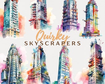 Quirky Skyscrapper Clipart Building Watercolor Clipart Colorful City Lover Digital Download Watercolor Rainbow Tower Clipart Commercial Use