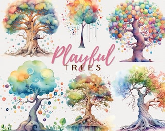 Playful Tree Watercolor Clipart Colorful Quirky Tree Scrapbook Fantasy Junk Journal Rainbow Tree Dots Party Crafts Free Commercial Use