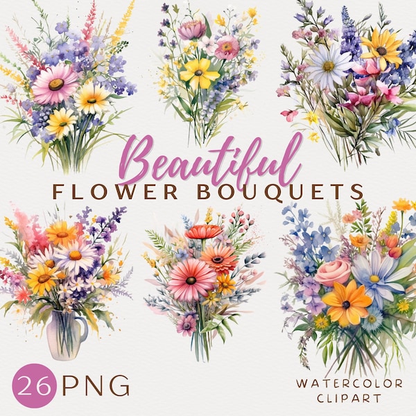 Wildflower Bouquet Watercolor Clipart Flower Bunch Card Making Floral Bouquet Scrapbook Illustrations Wildflower Comercial Digital Craft