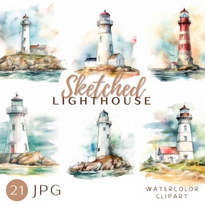Faro acquerello Clipart Light House Oceano Scrapbook Art Faro amante disegno digitale Beacon Notebook calma artigianato arte uso commerciale